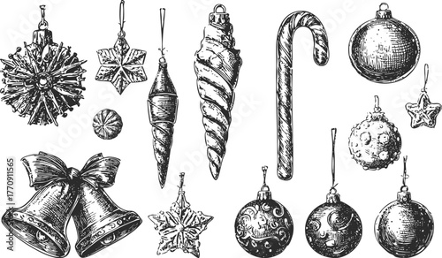 Vintage crayon drawn Christmas ornaments, baubles, bells and candy cane. Vector sketchy line art festive engraving vector illustration.