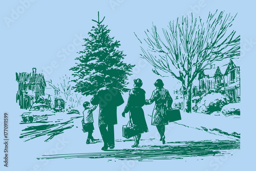 Vintage ink family walking through snowy street towards Christmas tree. Hand drawn retro winter holiday illustration.