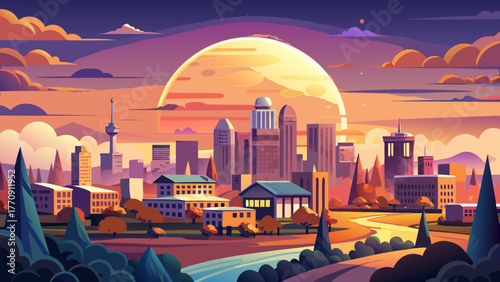 Very beautiful sunset over the city of Statesboro, Georgia, USA, with a glowing full moon rising at daybreak, warm golden sky blending with soft clouds, and peaceful urban landscape below.