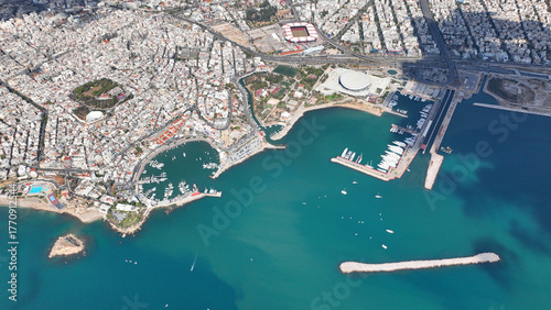 Aerial drone photo of famous port of Piraeus, Marina Zeas, Tourkolimano and area of Phaliron as seen from high altitude, Attica, Greece