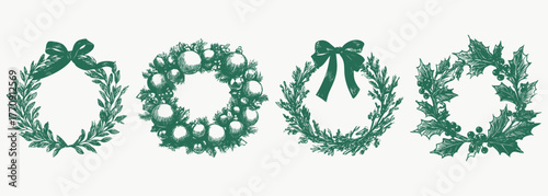 Hand-drawn Christmas wreaths with holly, pine, bows in vintage engraving style. Perfect for holiday cards, winter decor, festive design projects.