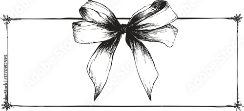 Classic pencil draw bow ribbon on rectangular frame, detailed line art illustration for holiday invitations, packaging, gift cards, festive designs.