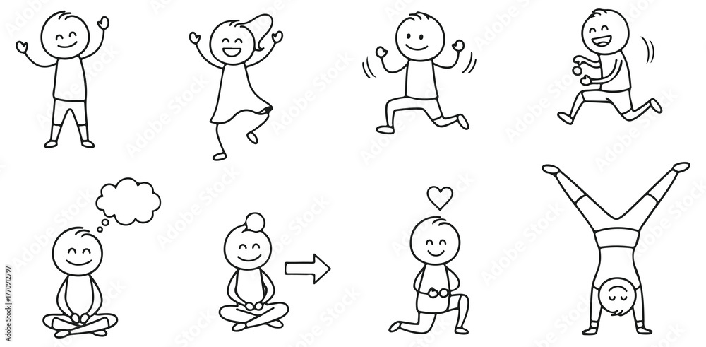 Fototapeta premium Stick Figures Movement Emotions Happiness Balance Thoughts Transformation Action and Joyful Cartoon Illustrations on