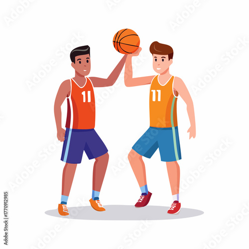 Two young men in basketball uniforms holding a basketball together, showing teamwork and sportsmanship on a white background.