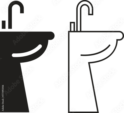 Modern bathroom sink icon set with faucet and water tap. Plumbing and wash basin silhouette in flat and outline styles illustration for home hygiene, cleaning, interior decoration and utility vectors.