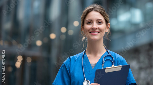 Nurse smiling with clipboard in modern healthcare setting