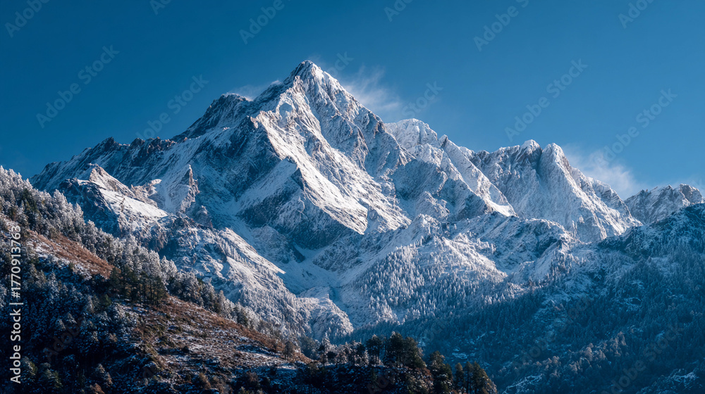 Obraz premium Snow-covered mountain peaks under bright blue sky in winter
