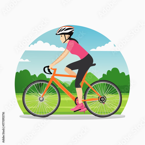 Woman in pink shirt and black shorts riding an orange bicycle on a sunny day.