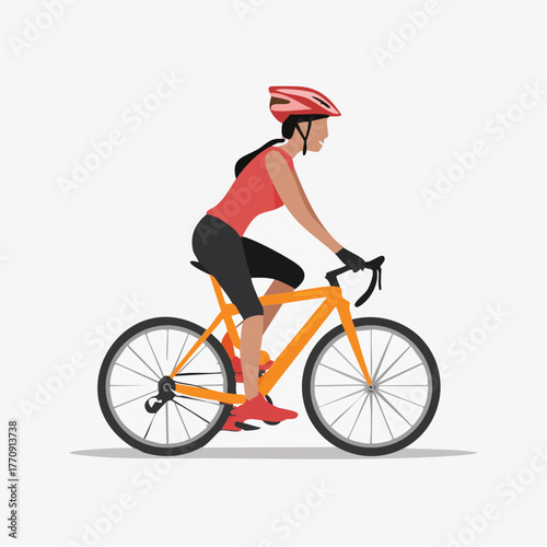 A woman in athletic attire rides a road bicycle, wearing a helmet, in profile view.