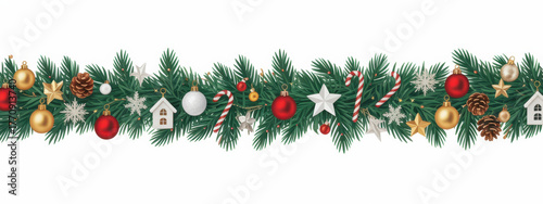 Christmas garland with ornaments pine cones and candy canes festive vector decoration for holiday designs