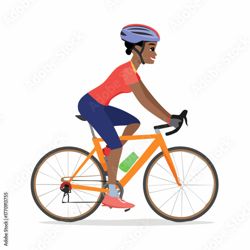 A woman with dark skin rides a bicycle, wearing a helmet and athletic clothing.