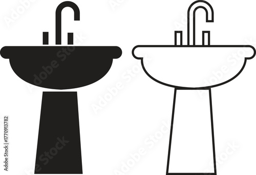 Modern bathroom sink icon set with faucet and water tap. Plumbing and wash basin silhouette in flat and outline styles illustration for home hygiene, cleaning, interior decoration and utility vectors.