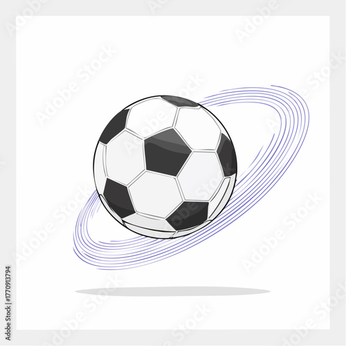 A detailed illustration of a soccer ball in motion, with a swirling effect around it.