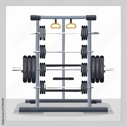 A detailed illustration of a weight rack with multiple barbells and weight plates, ready for use.