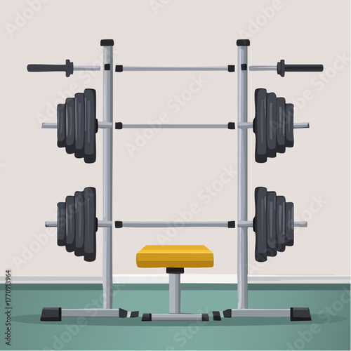 A weightlifting bench with a rack holding barbells and weight plates, ready for use.