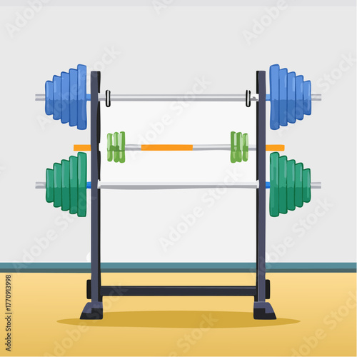 A detailed illustration of a weight rack with multiple barbells and weight plates, ready for use.
