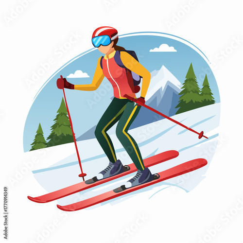 A person skiing down a snowy mountain slope with ski poles and gear on a sunny day.