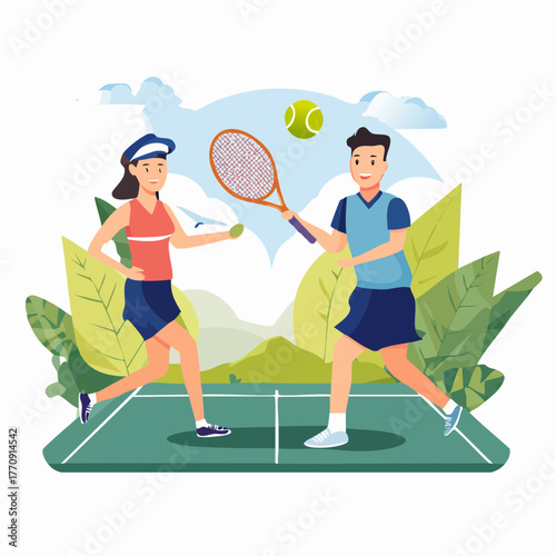 Illustration of a man and woman playing tennis on a green court with a ball and racket.