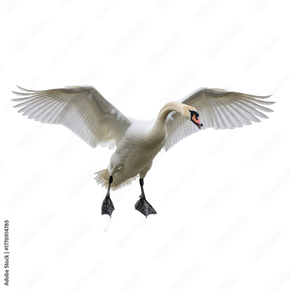 Obraz premium Graceful White Swan Landing Isolated on Transparent Background