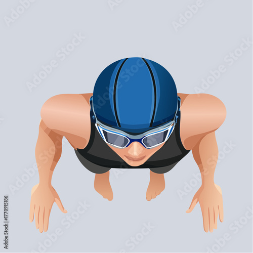 Top-down view of a swimmer wearing a cap and goggles, ready to dive into the water.