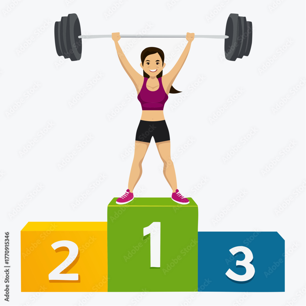 Obraz premium A woman weightlifting on a podium, celebrating a first-place victory in a competition.
