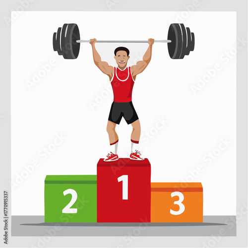 A strong male weightlifter stands on the first-place podium, holding a heavy barbell overhead after a successful lift, celebrating his victory.