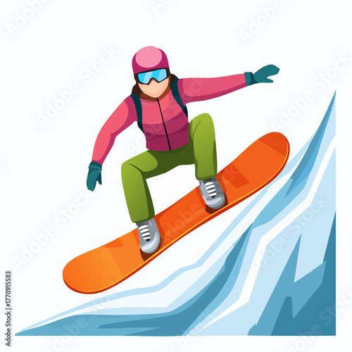 Cartoon illustration of a woman snowboarding down a snowy mountain slope.