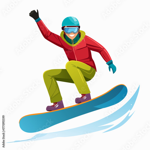 Cartoon illustration of a happy snowboarder in winter gear jumping mid-air with a thumbs up.