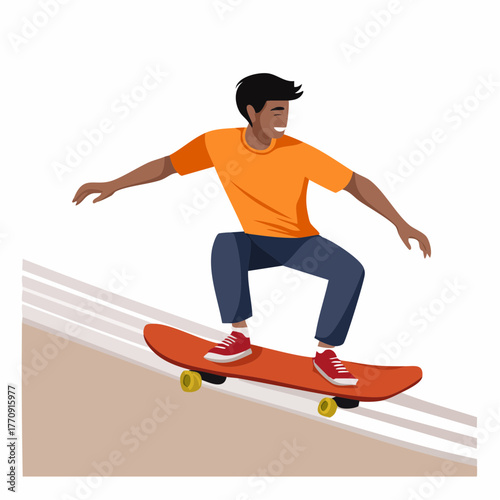 A young man in an orange t-shirt and blue jeans skateboarding down a ramp with his arms outstretched for balance.