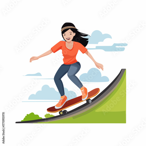 Smiling young woman skateboarding down a green ramp under a blue sky, enjoying a leisure activity.