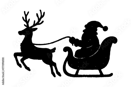 Santa Claus silhouette riding in sleigh pulled by reindeer, hand-drawn style on white background. Concept of Christmas tradition and holiday