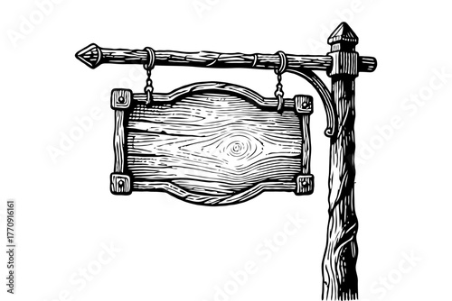 Rustic wooden signboard hanging from a carved post, black and white engraving style on white background, concept of vintage signage