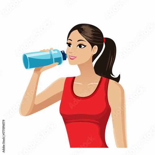 Illustration of a young woman in a red tank top drinking water from a blue sports bottle, emphasizing hydration and health.
