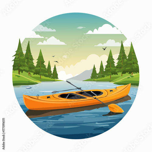 A bright orange kayak with a paddle rests on a calm blue lake surrounded by lush green trees and distant mountains under a soft sky.