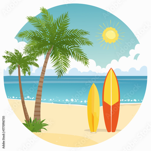 A vibrant illustration of a sunny beach scene with palm trees, surfboards, and the ocean.