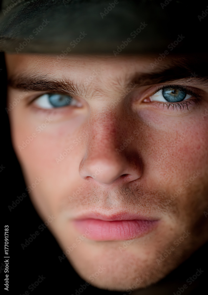 Obraz premium A striking close-up captures the essence of youth. The light accentuates the youthful skin, framed by a dark background, drawing viewers into the soulful gaze of the model.