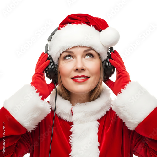 Wallpaper Mural Joyful woman wearing santa hat and headphones enjoying festive christmas music isolated on transparent background Torontodigital.ca