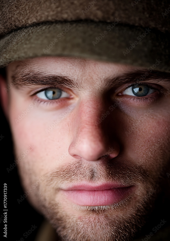 Obraz premium Close-up of a man with striking blue eyes, framed by a cap casting shadows across his face. His gaze is intense, capturing raw emotion, with stubble adding to his rugged demeanor.