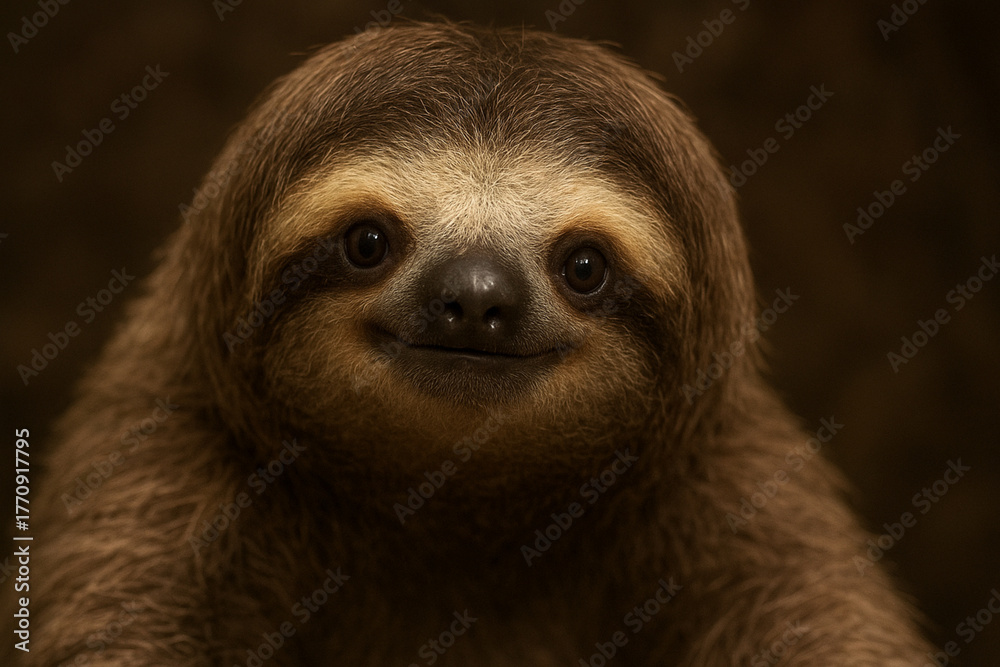 Naklejka premium Extreme close-up of a smiling sloth's face with a friendly expression