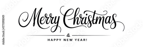 Elegant Merry Christmas and Happy New Year lettering festive calligraphy for holiday greetings isolated vector design