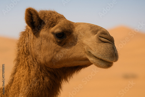 Close-up profile of a dromedary camel's head in the desert