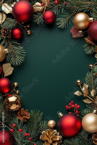 Festive Christmas wreath frame designed with red and gold decor features evergreen accents and holiday ornaments