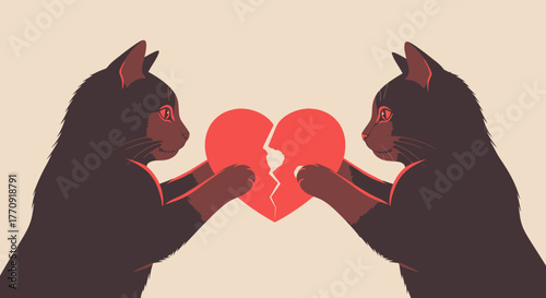 Two Black Cats Holding a Broken Heart – Concept of Breakup, Relationship Failure, or Unrequited Love – Flat Vector Illustration