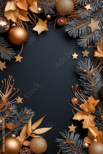 Golden ornaments and stars arranged elegantly on a black background for a festive celebration