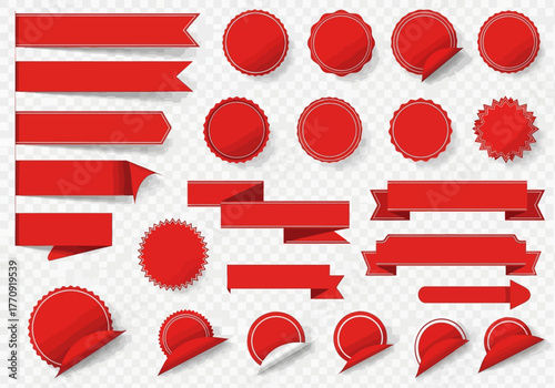 A comprehensive collection of red ribbons banners and stickers for design.
