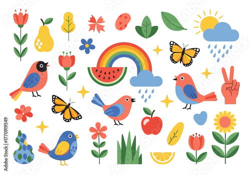 Collection of Cute Cartoon Birds Rainbow Fruits Flowers and Butterflies.
