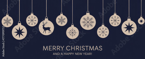 Elegant Christmas ornament decoration with snowflakes and reindeer vector illustration for holiday season greetings on dark blue 