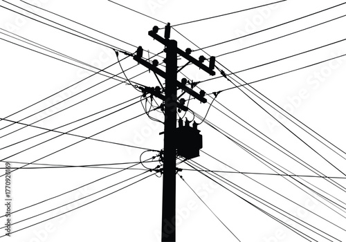 Utility pole silhouette, crisscross power lines, transformer and insulators, cable network, energy infrastructure, electricity grid, urban