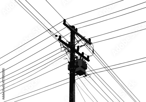 Utility pole silhouette, power lines network, electrical transformer, insulators on crossarm, energy infrastructure, cable tension, urban grid,