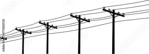 Utility poles in line, power lines silhouette, cable tension, crossarms, transformer boxes, electricity grid, infrastructure network, whit